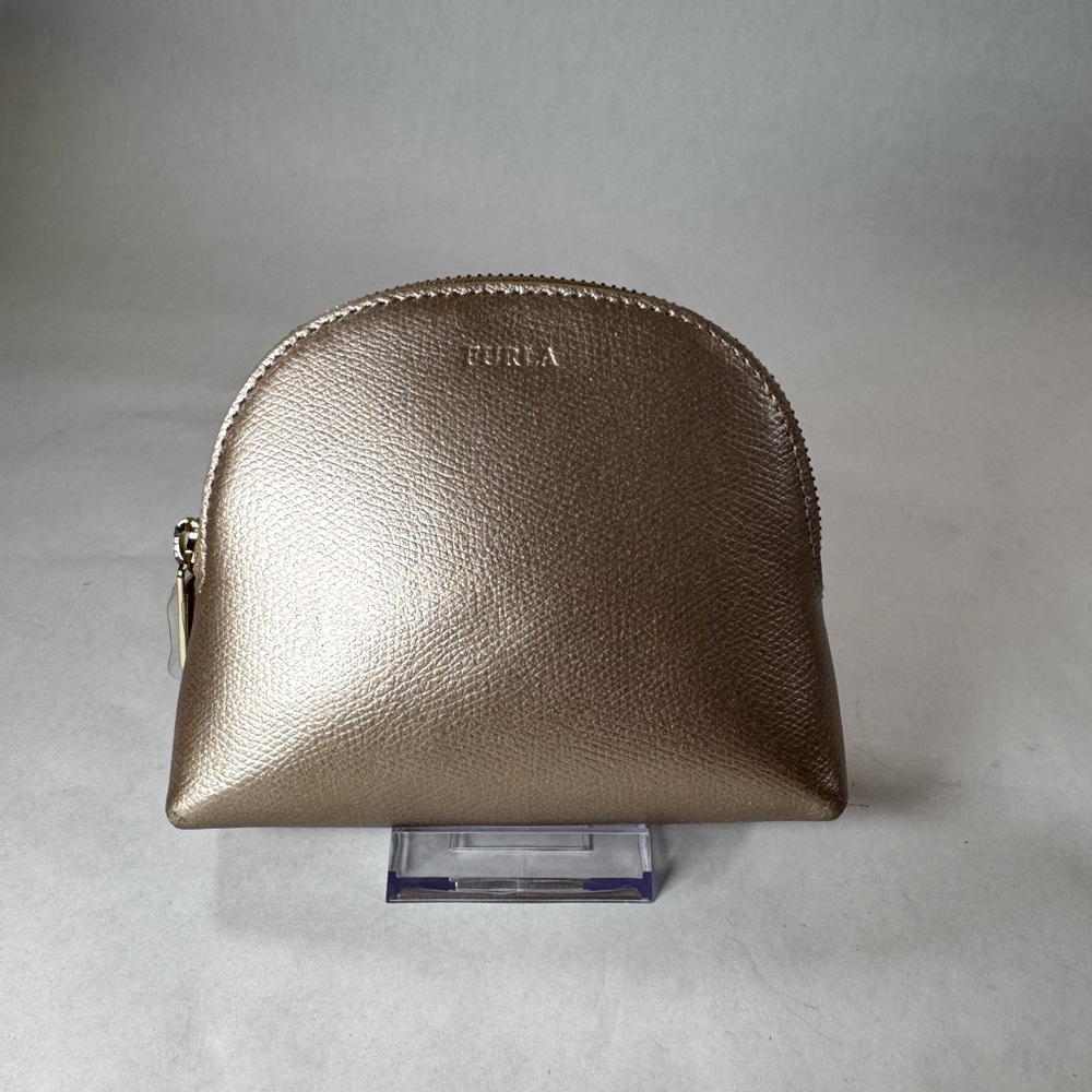 ✨ Furla Metallic Gold Leather Cosmetic Pouch / Zip Case ✨